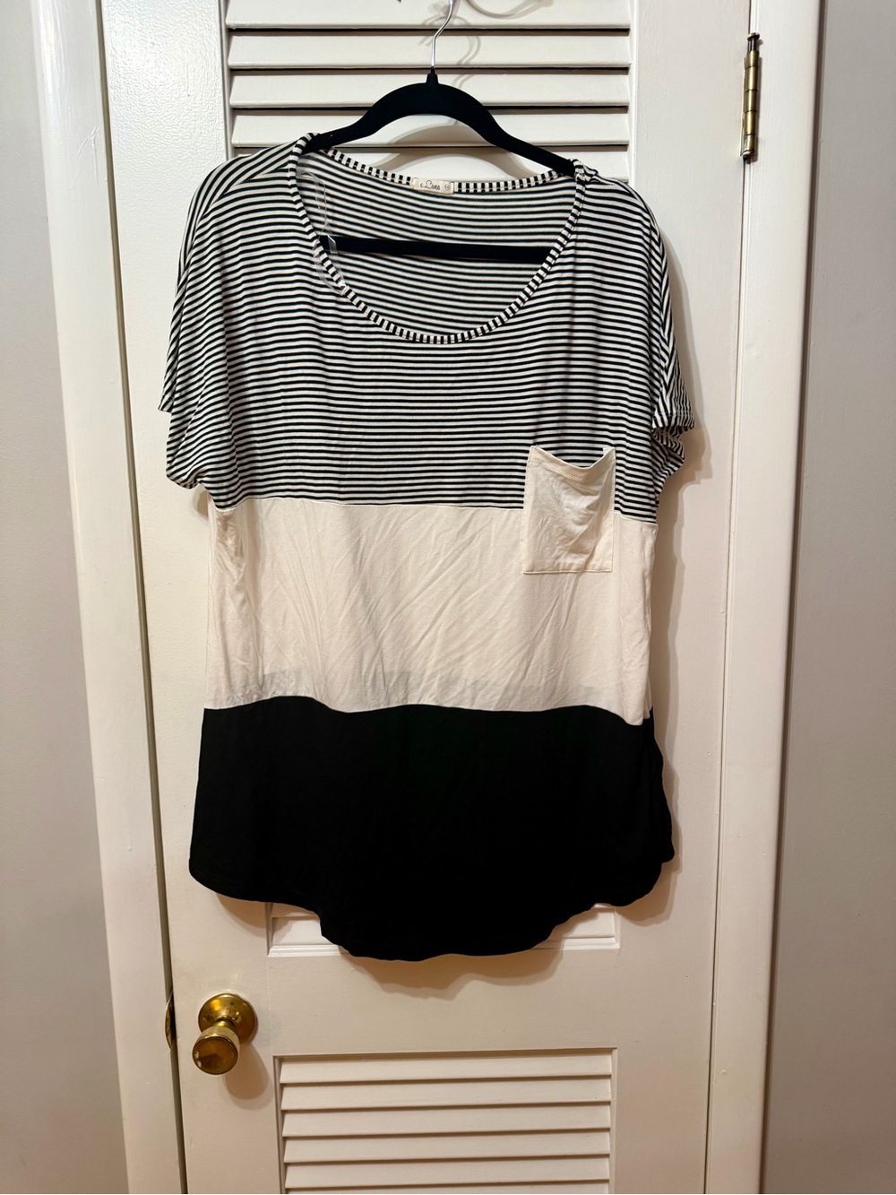 Women’s Black & White Striped Colorblock Pocket Tee